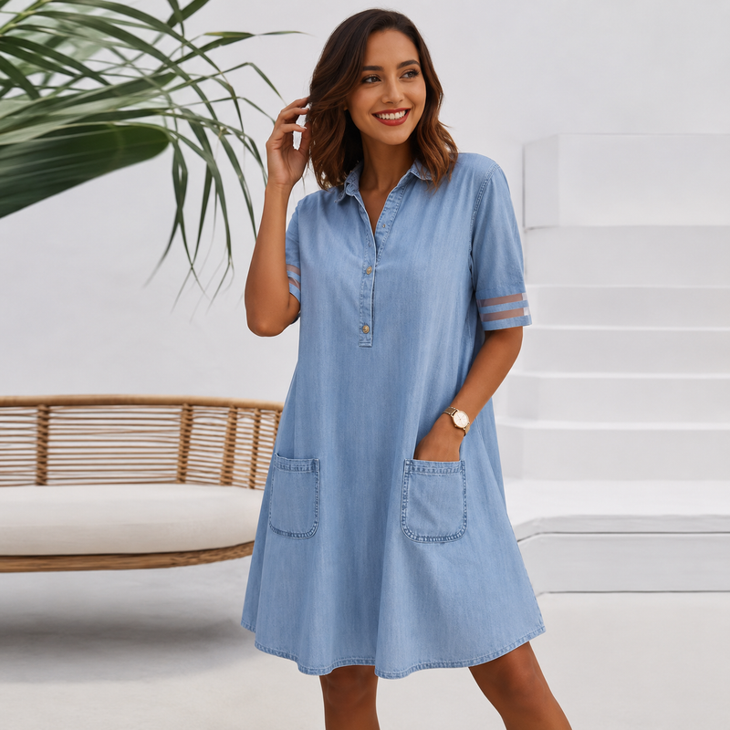 Brittany™ | Vatsaa peittävä Denim-tyylinen Paitamekko